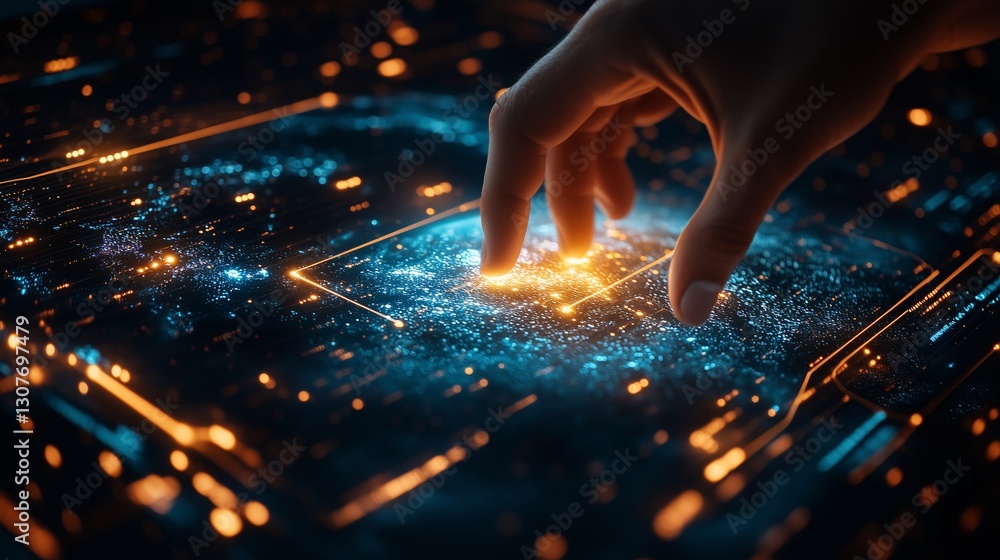 Poster hand touching global network connection
