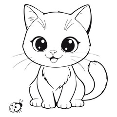 Obraz premium A cute cartoon kitten with large eyes and whiskers sits happily, looking at a ladybug on the ground.ai