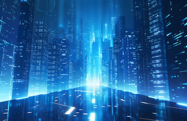abstract blue background of night city skyline and tech lines