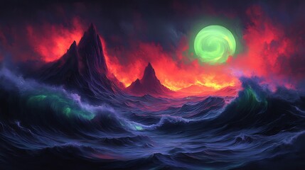 Fiery sunset illuminates dark volcanic peaks dramatically crashing waves glowing green. AI Generated