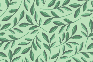 Seamless pattern of green watercolor plants on a white background. Spring nature watercolor background