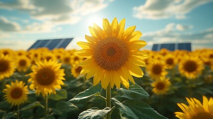 Fototapeta premium Sunflowers growing in a field near solar panels. AI