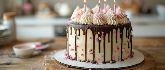 A festive cake with pink frosting decorated with candles and candy, perfect for confectionery advertising, cooking blogs or as an illustration for articles about holidays and celebrations.