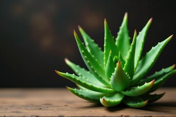 Fototapeta premium Green aloe vera plant with thick succulent leaves on a wooden table, plant, succulent