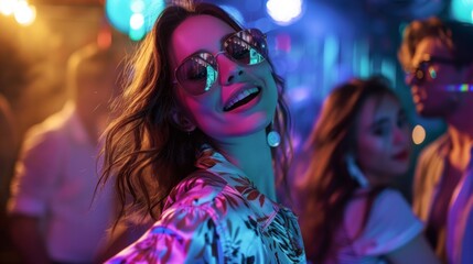Obraz premium Woman wearing sunglasses against a backdrop of bright lights and festive atmosphere, perfect for advertising nightclubs, parties or entertainment events.