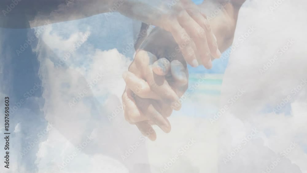 Poster hands overlaying with clouds, symbolizing connection and serenity in animation art