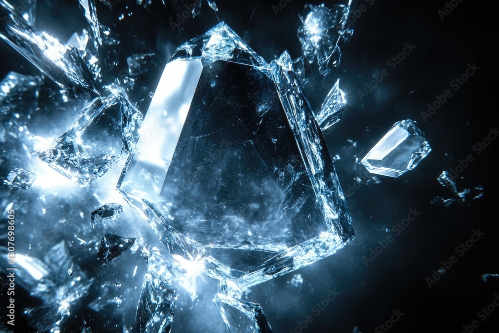 Poster shattering ice crystal explodes into a million pieces, creating a dramatic visual effect.