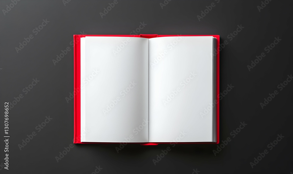Poster open red book with blank pages on dark surface for design use