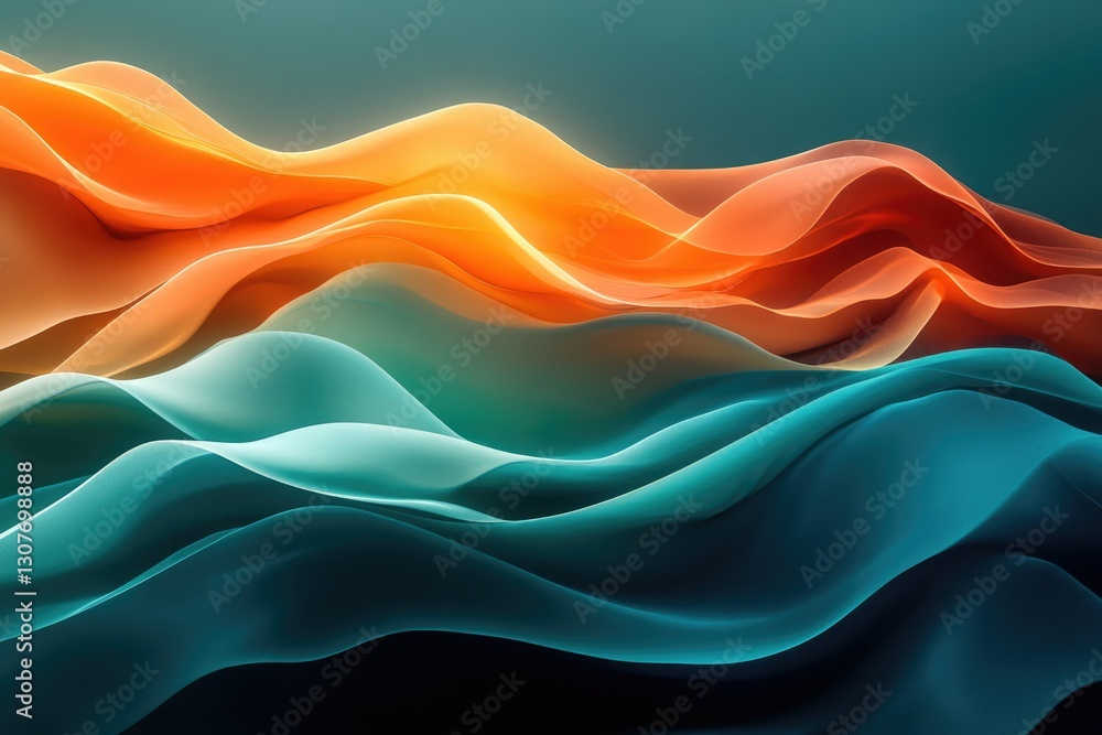 Poster abstract art depicting flowing, vibrant teal and orange waves, creating a dynamic and mesmerizing vi