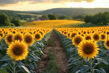 Obraz premium Sunflowers bloom in a vast golden field during the golden hour