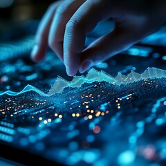 Hand interacting with digital data visualization.