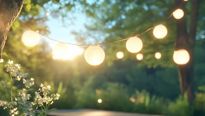 Romantic garden party string lights at sunset, lush green background. Perfect for wedding invitations, event promotion or summer vibes