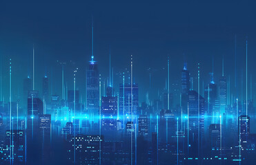 abstract blue background of night city skyline and tech lines