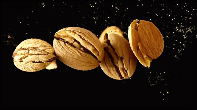explosion almonds captured high speed motion dark background showcasing dramatic cinematic effect crisp detail dynamic energy