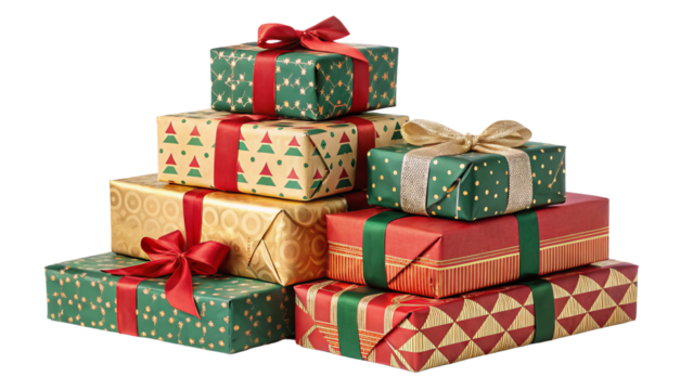 Stack of Christmas Gifts, Festive Patterned Boxes, Isolated on Transparent Background, Holiday Present Pile, Christmas, Gift, Holiday