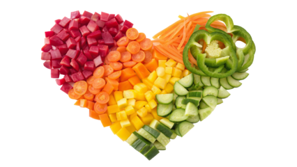 Rainbow Heart Vegetable Composition Diced Beetroot, Carrots, Peppers, and Cucumber Isolated on Transparent Background, healthy food, vegetarian, vegetables, healthy eating, heart shape