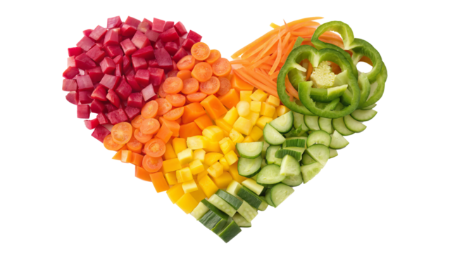 Rainbow Heart Vegetable Composition Diced Beetroot, Carrots, Peppers, and Cucumber Isolated on Transparent Background, healthy food, vegetarian, vegetables, healthy eating, heart shape