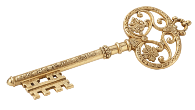 Ornate Golden Key  High-Resolution Image, Isolated on Transparent Background, Success, Luxury, Antique, Gold key, vintage key, royalty