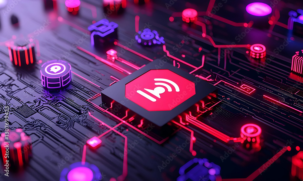 Poster futuristic circuit board with glowing elements and central processor