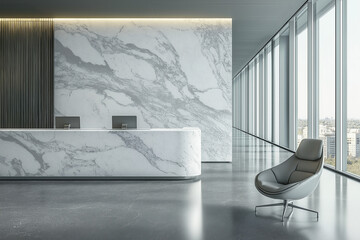 Modern office interior featuring stone partitions and marble workstations, exuding contemporary elegance