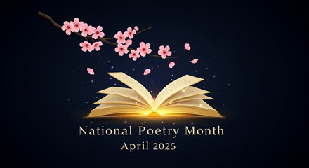 Elegant open book with cherry blossom petals symbolizing National Poetry Month in a sophisticated design. National Poetry Month April 2025 posters