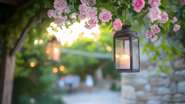 Romantic garden setting with lanterns and pink roses at sunset; people dining in the background, perfect for wedding or romantic event invitations