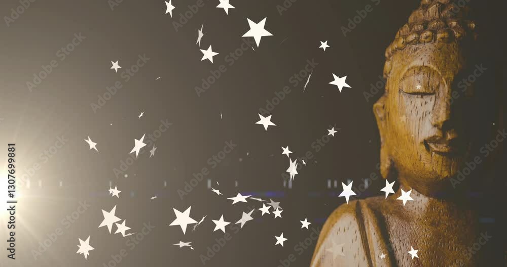 Aufkleber floating stars creating serene atmosphere around buddha statue in animation scene