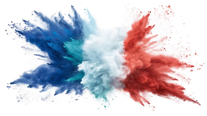 Abstract Red, White, and Blue Powder Explosion Isolated on Transparent Background, Color Burst, Holi Festival, Color explosion, powder paint, design element