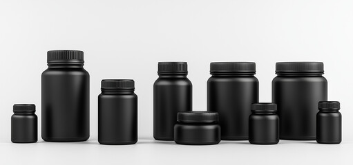 Black supplement bottles in various sizes arranged on white background, showcasing modern and sleek design. Ideal for health and wellness branding