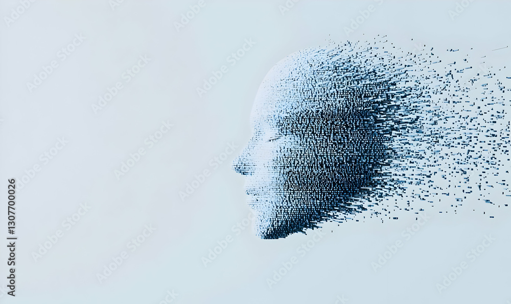 Poster abstract human face disintegrating into particles over light background