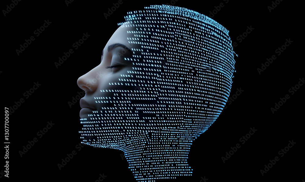 Poster digital human face constructed with binary data on black background