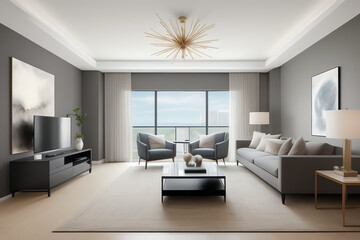 An elegant, contemporary living room with modern furnishings, abstract art, and natural light accentuating a clean, luxurious design—perfect for interior design and lifestyle projects