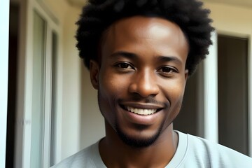 close up head shot of a handsome black african american man on a balcony.  urban background, attractive man, confident, serious expression, adult male, casual clothing, modern, outdoor portrait