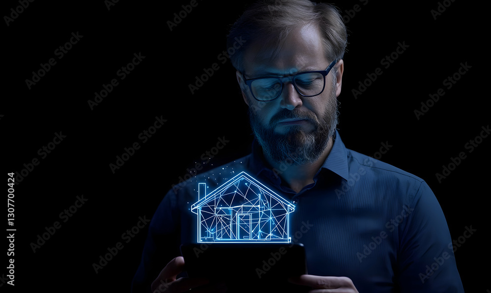 Poster man using tablet with digital home concept in dark background