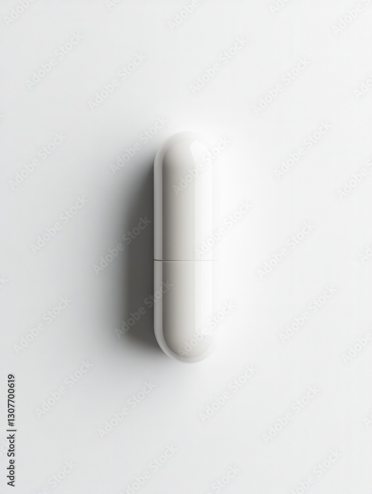 Poster Single capsule elegantly displayed on a clean white surface emphasizing minimalist design and hyper realistic details Generative AI