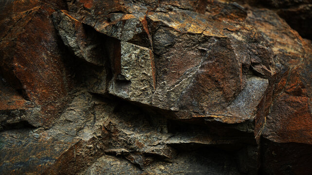 Brown orange rusty grey stone rock granite background. Mountain surface texture. Close-up. For design.	