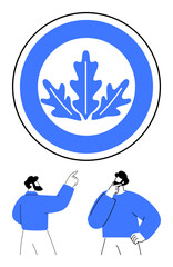 Circular emblem with oak leaf centerpiece in blue above two figures gesturing and thinking. Ideal for team discussion, growth, collaboration, sustainability, nature, ideas, leadership. Flat simple