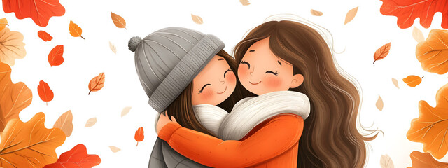 Two cute cartoon girls hugging each other
