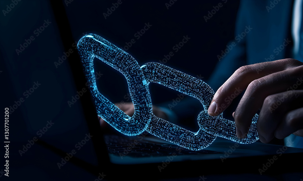 Poster digital chain link representation illustrating blockchain technology