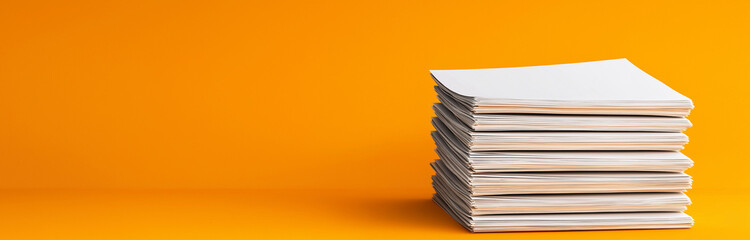 stack of white paper on vibrant orange background, showcasing clean and organized appearance. simplicity of image evokes sense of clarity and focus