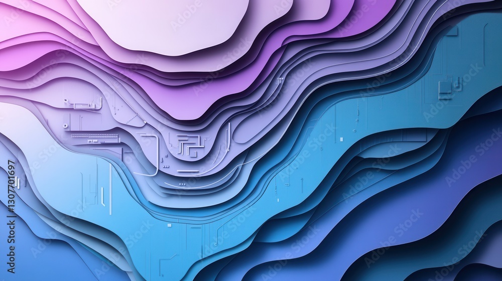 Aufkleber futuristic paper art background featuring abstract layers with digital circuits in cool tones of blu