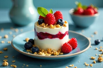 Layered granola yogurt and berries on a blue plate, homemadeYogurt, foodPhotography