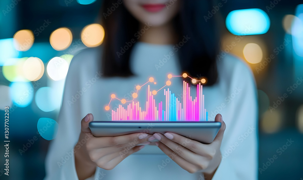 Poster woman holding tablet displaying colorful bar graph with data analysis