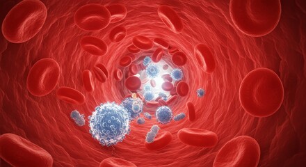 Blood Vessel Close Up: Immune Response - Microscopic view of red and white blood cells actively fighting germs within an artery. Symbolizes health, immunity, defense, circulatory system