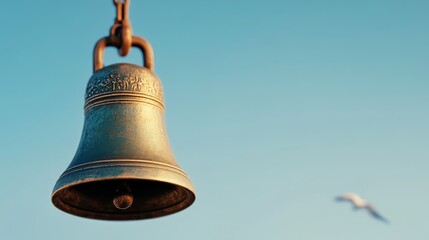 An old bronze bell in a rural church in the midday sun. Close-up of a bell in a simple rural church.
