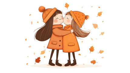 Two cute cartoon girls hugging each other
