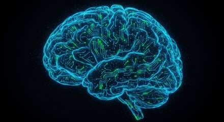 Brain Circuitry - Abstract representation of a human brain with integrated circuitry, symbolizing artificial intelligence, neural networks, and technological advancement