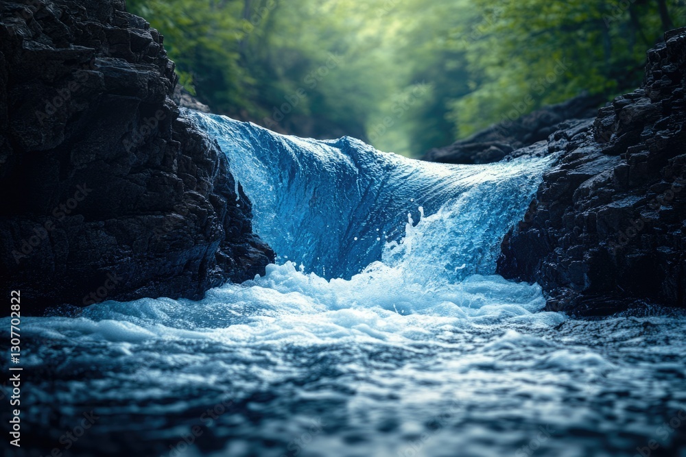 Poster a rushing stream flows over dark rocks in a serene forest setting, creating a vibrant natural scene.