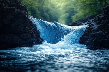 A rushing stream flows over dark rocks in a serene forest setting, creating a vibrant natural scene.