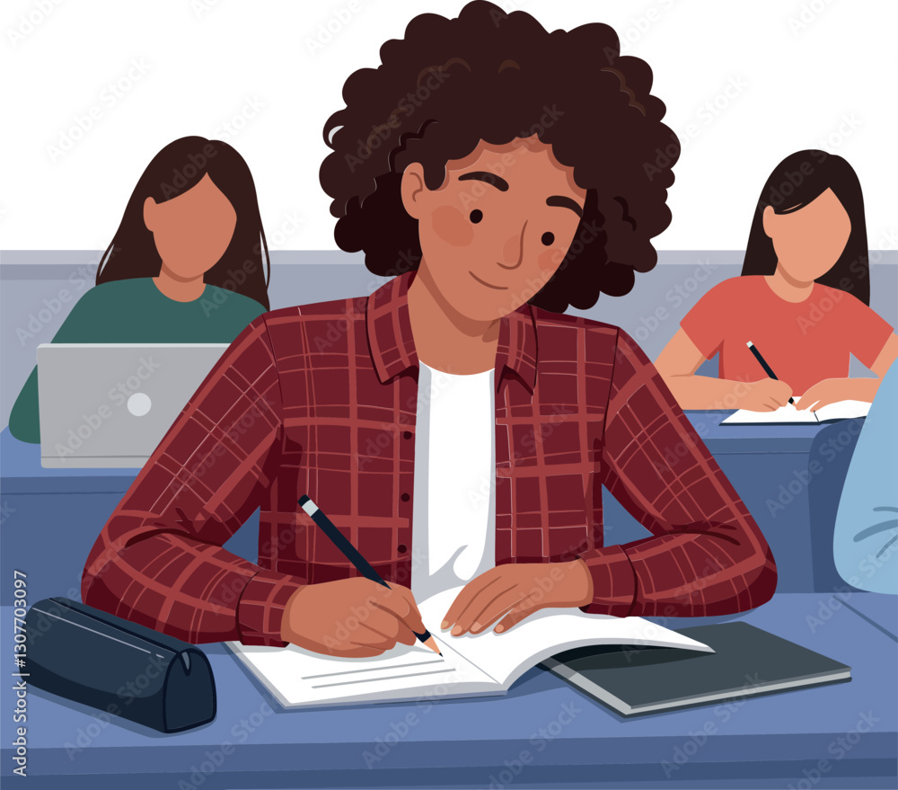 Poster student writing notes in a classroom setting with flat vector illustration style emphasizing focus a